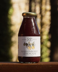 A glass bottle of Rustic Pours Marionberry Lemonade, with gold cap and watercolor illustration on label, sitting on a wood surface with tall trees blurred in the background.